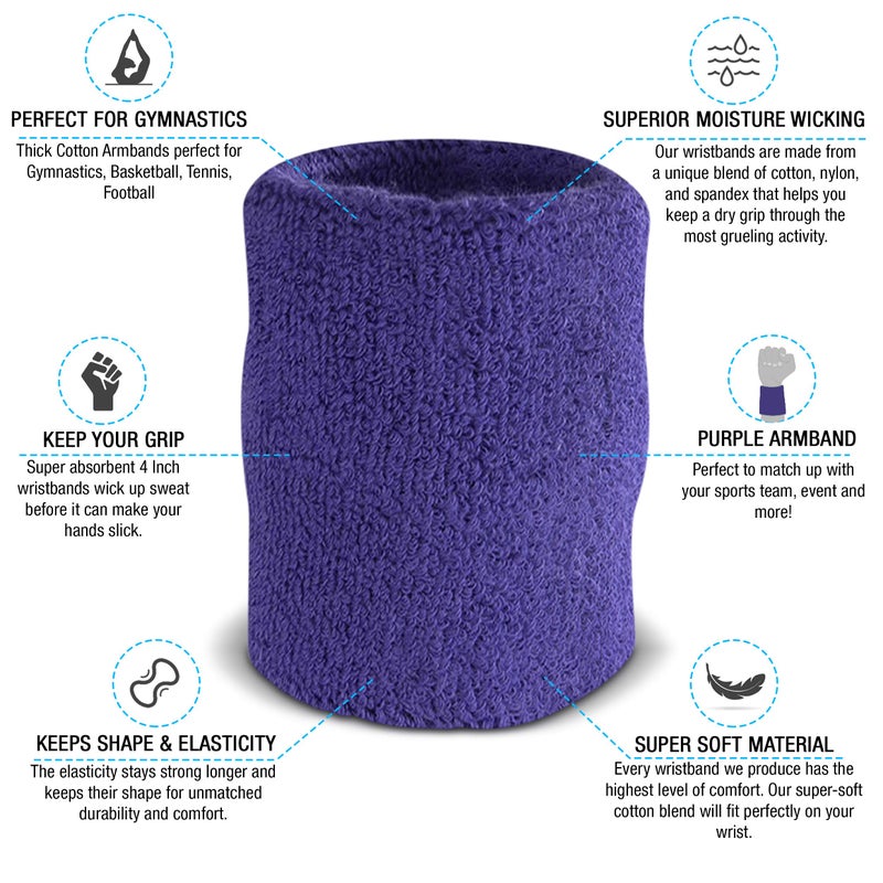 Suddora Arm Sweatbands, Absorbent and Breathable Thick Cotton Bands for Working Out, Gymnastics, Basketball, Tennis, and Football, Multiuse 4-inch Wristbands for Costumes and Cosplay, Purple - Image 2